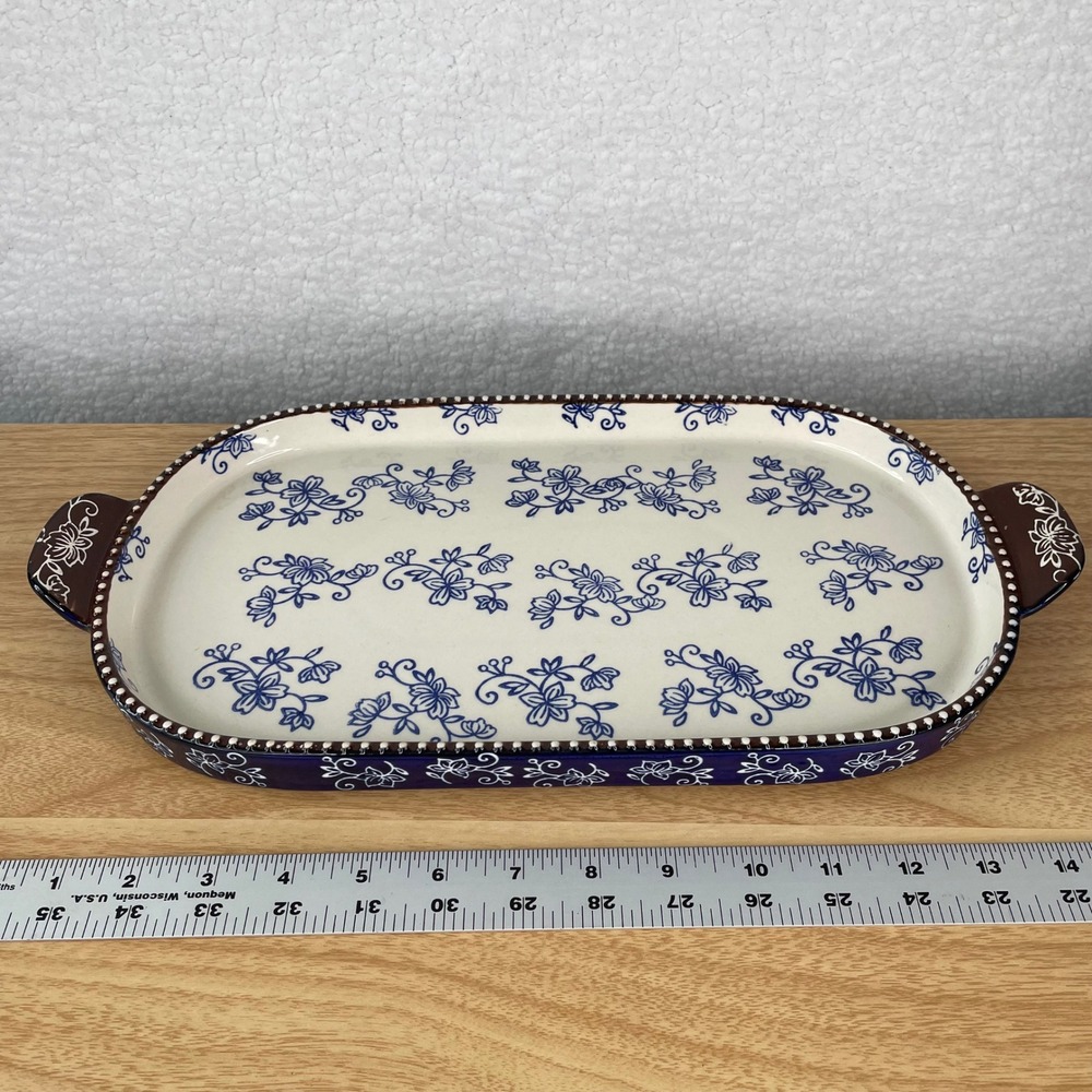 Temp-tations by Tara Floral Lace Cobalt Blue 3 QT Trivet Oval Ceramic Tray